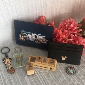 DISNEY Mickey Mouse Paris wallet & black card case, rubber stamps & key chain
